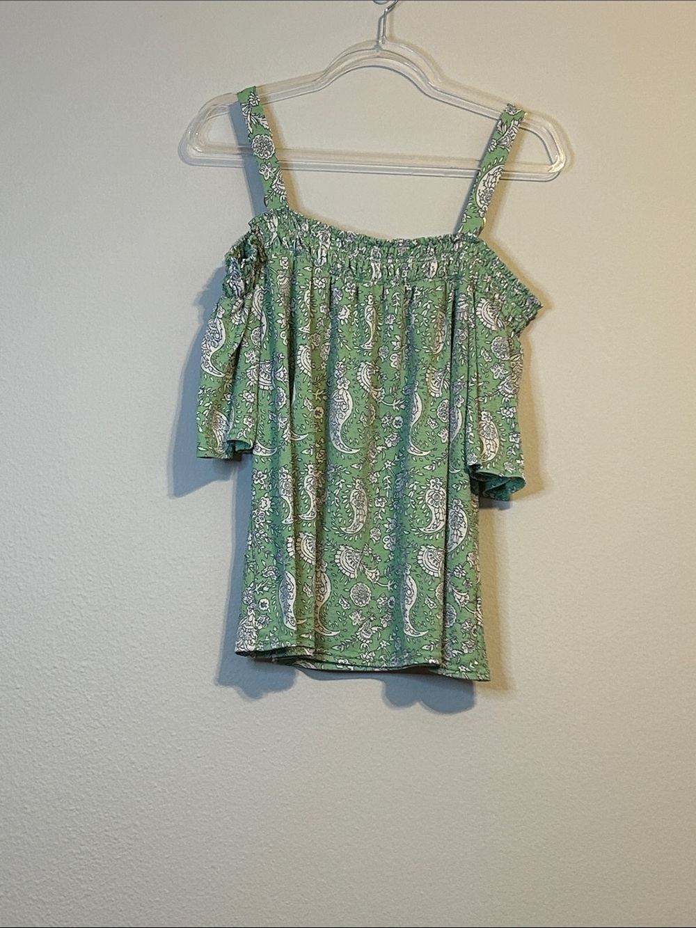 MELLODAY Green Paisley Off‑Shoulder Top XL | Boho Summer Blouse